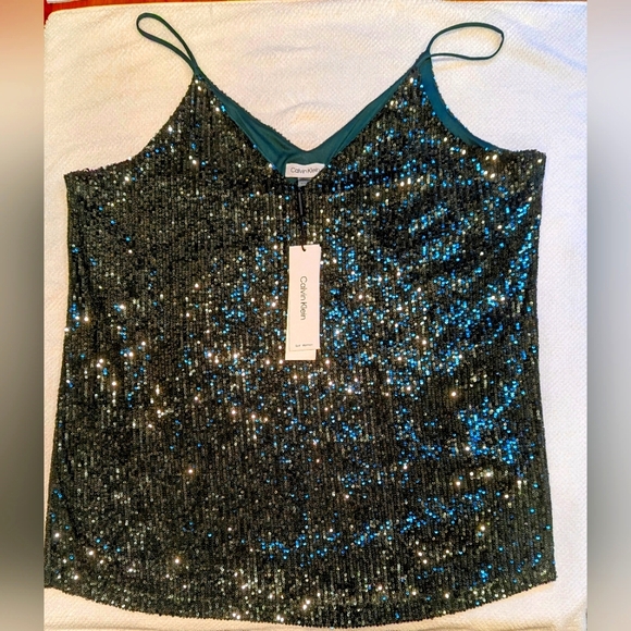 Calvin Klein Tops - ✨HP✨ NWT Calvin Klein Women Plus Sequined Dark Green V Neck Cami Size 1X